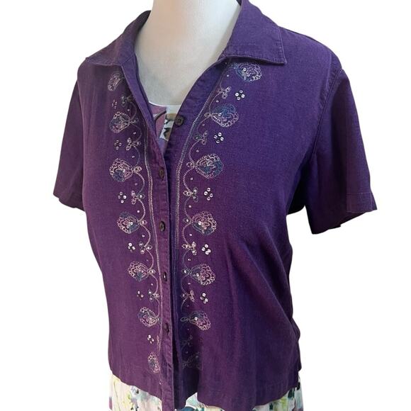 Vintage Linen Blend Pappagallo Purple Top w/ Embroidery & Sequins Petite Large - Picture 1 of 6